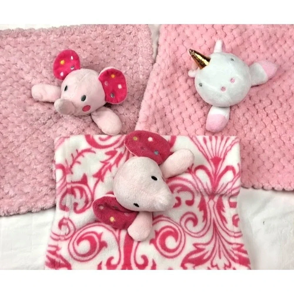 3pc Baby Girl Security Blanket Lot Sunrise‎ RN 130369 Pink Elephant Unicorn